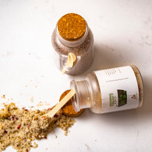 Load image into Gallery viewer, two bottles of bath tea packaging with white labels and herbs like rose, pink Himalayan salt, and oils.