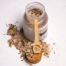 Load image into Gallery viewer, bath tea packaging bottle with white label and herbs like rose, epsom salt, essential oils for relaxing bath. Comes with a spoon.