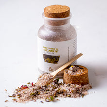 Load image into Gallery viewer, bath tea packaging bottle with white label and herbs like rose, epsom salt, essential oils for relaxing bath. Comes with a spoon.